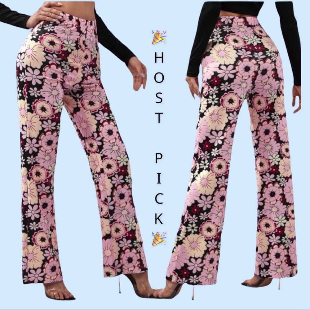❌DONATED❌Black Multi Color Retro Boho Hippie Floral Prints Flare Pants - Picture 1 of 14